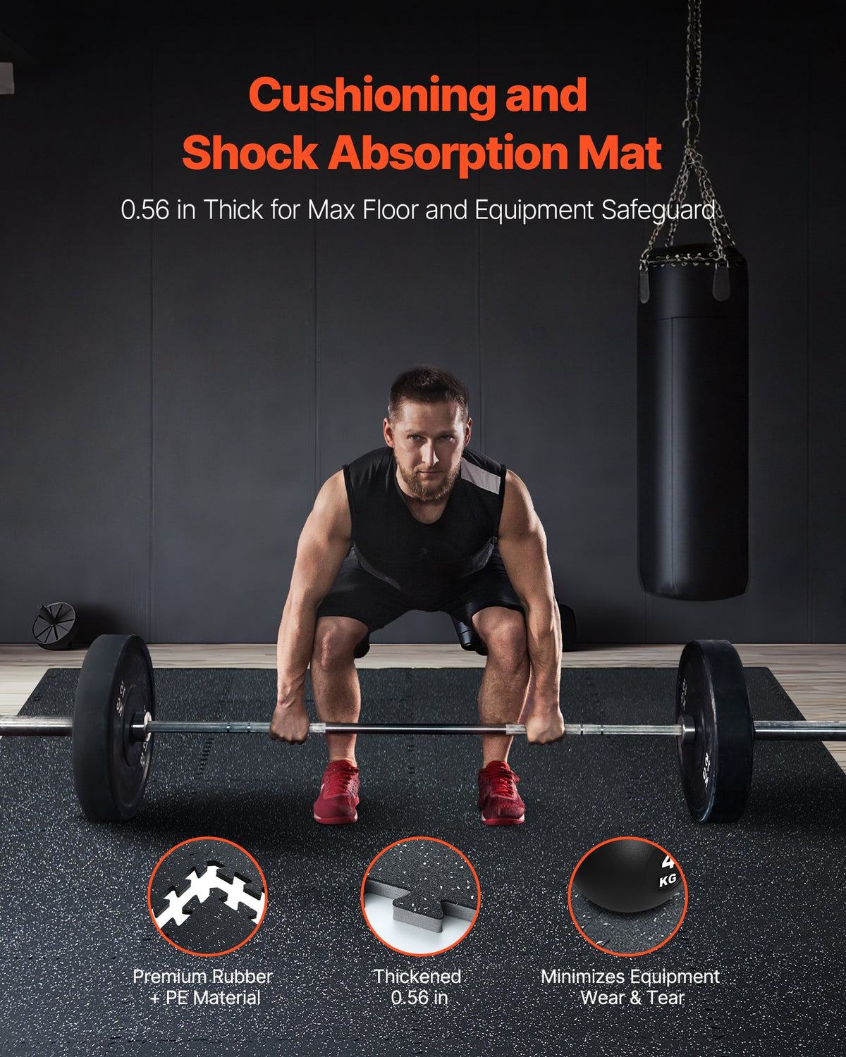 0.56 Inch Thick Gym Floor Mats, 6 Tiles Rubber Top with EVA Foam, 25in