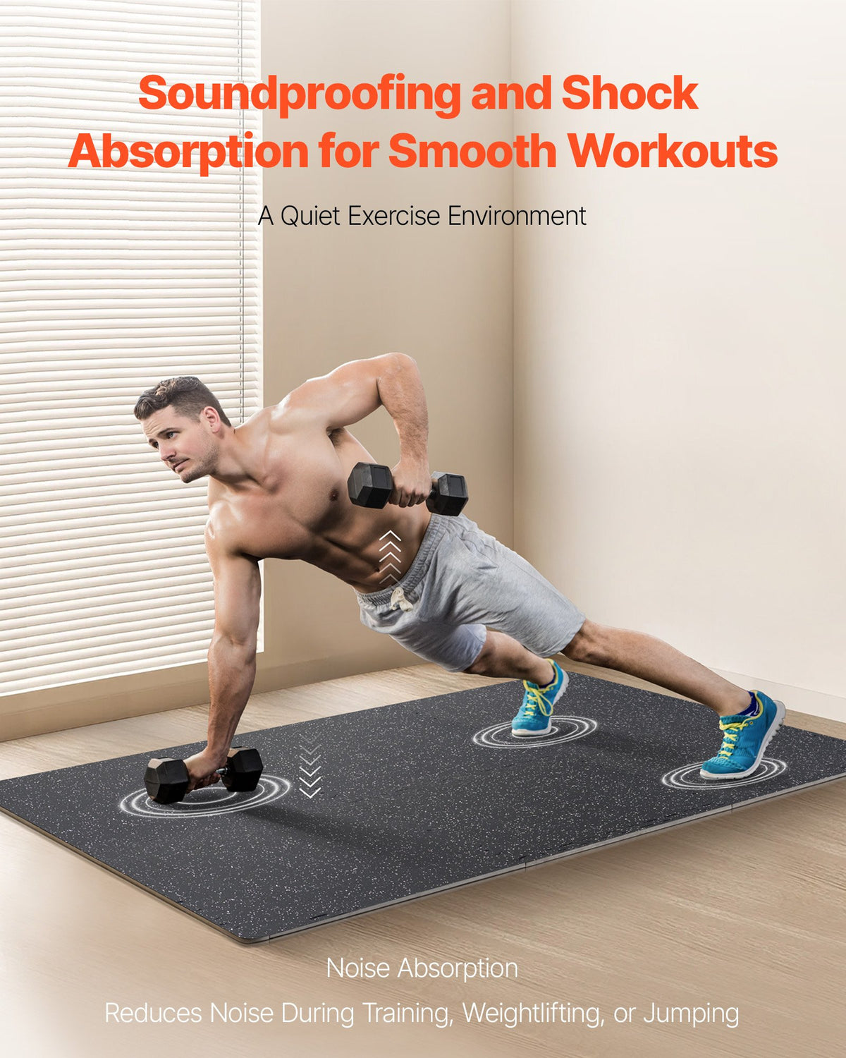 0.56 Inch Thick Gym Floor Mats, 6 Tiles Rubber Top with EVA Foam, 25in